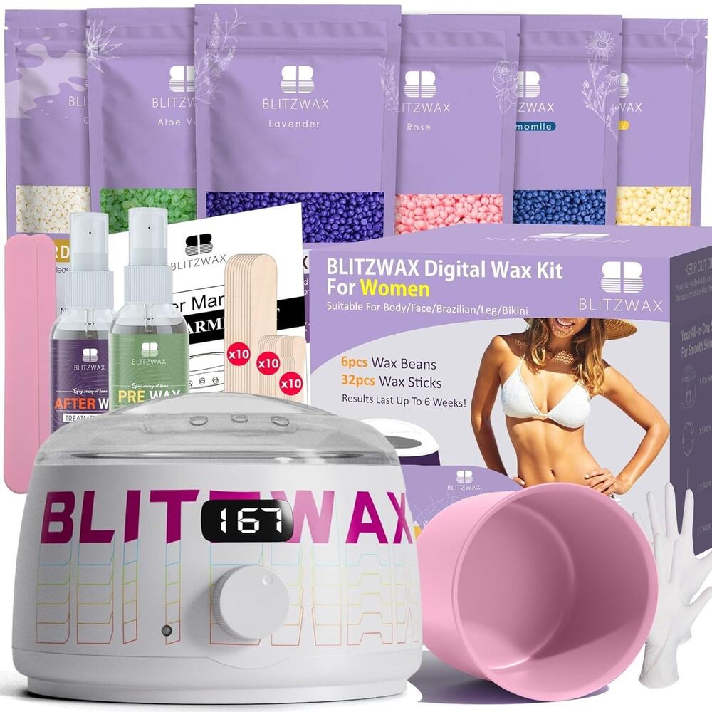 BLITZWAX Brazilian and Bikini Waxing Kit for Women, Hard Wax Warmer for Face, Le
